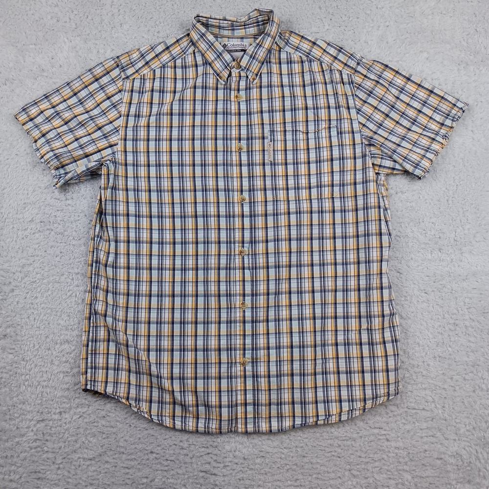 Columbia Button Down Shirt Mens Large Blue Yellow Plaid Short Sleeve‎ AM7638